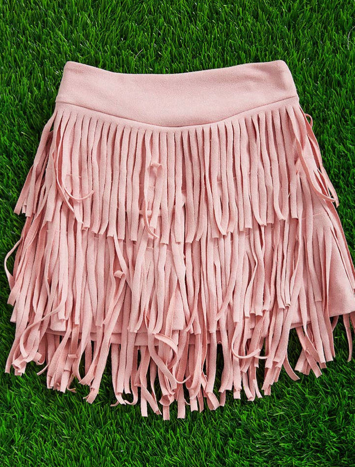 Fringe and Flirty Pink Suede Skirt